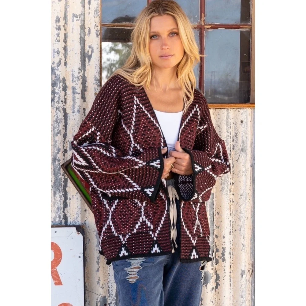 POL Burgundy Black Diamond Knit Cardigan | Chunky Southwestern Boho Sweater - Picture 5 of 9